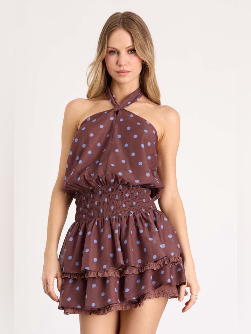 Lulus Regan Brown Polka Dot Halter Tiered Mini Dress New with Tags Small